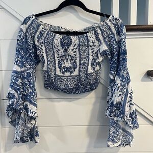 Three Days White and Blue Floral Crop Top (M)